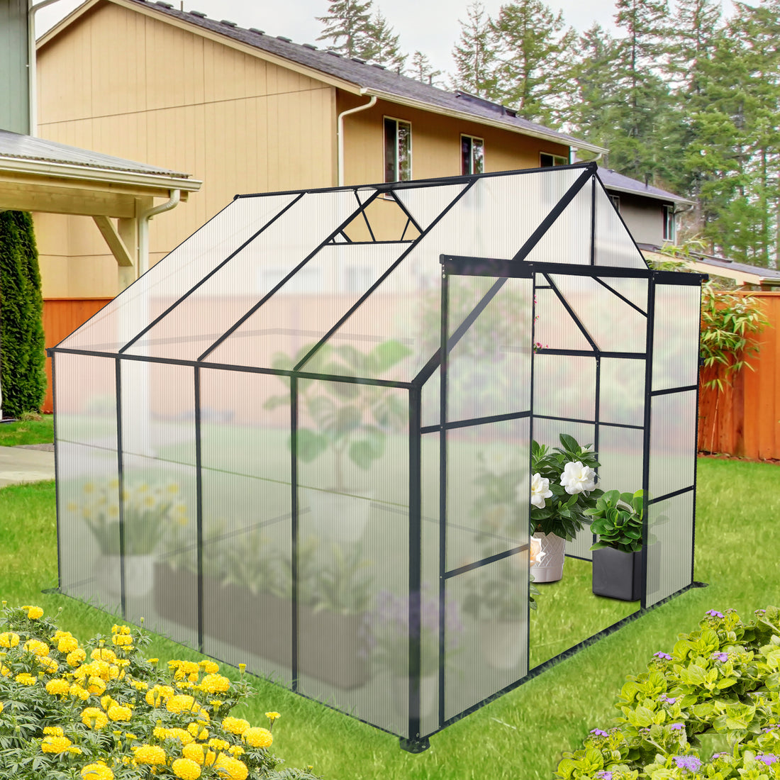 8X8 Ft Double Door Polycarbonate Greenhouse Raised Base And Anchor Aluminum Heavy Duty Walk In Greenhouses For Outdoor Backyard In All Season,Black Black Aluminium