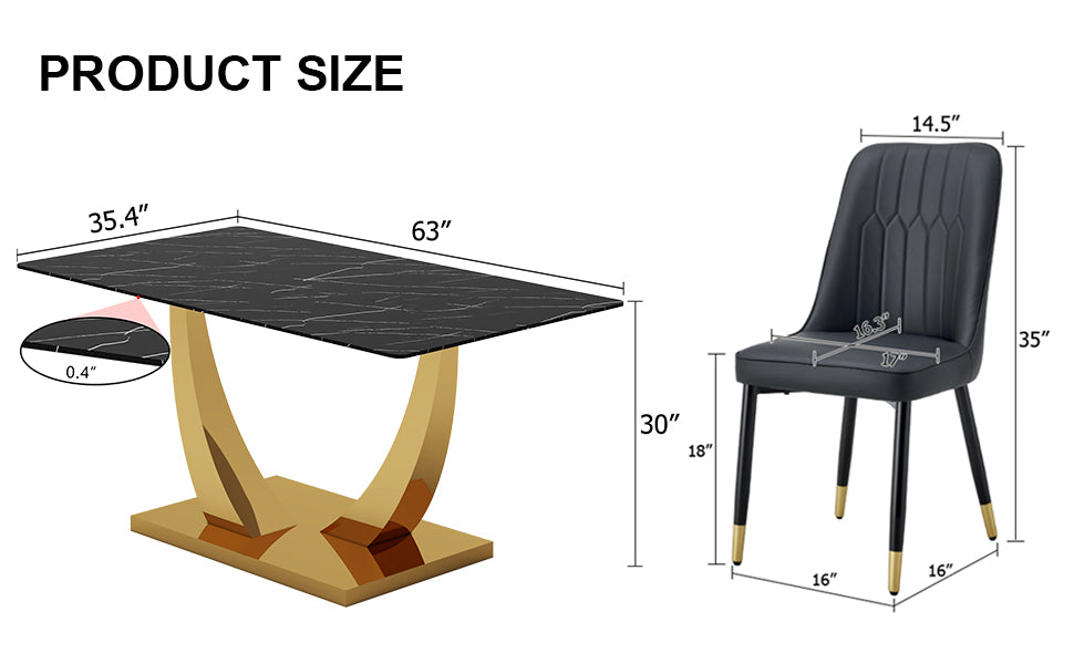 Table And Chair Set.Modern Rectangular Dining Table With Black Textured Stickers Glass Tabletop And Gold Plated Metal Legs.Paried With 4 Comfortable Chairs With Pu Seats And Black Metal Legs. Black Gold Seats 4 Glass Metal