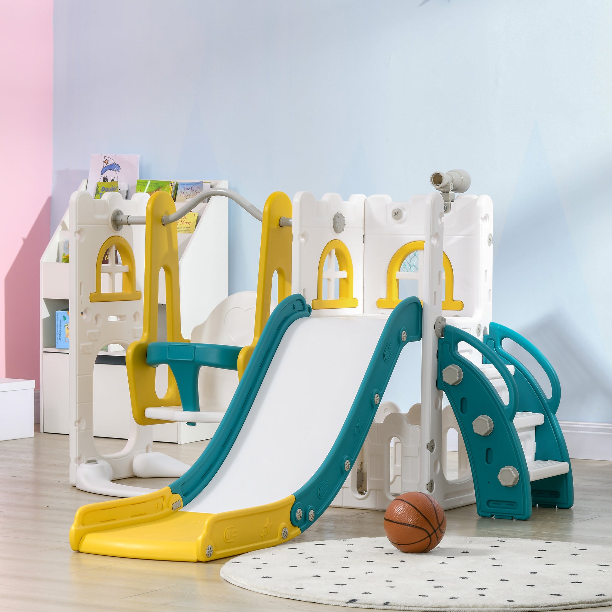 Qaba 6 In 1 Toddler Slide And Swing Set, Baby Slide For Age 1 3 Years With Basketball Hoop, Climber, Storage Space, Telescope, Indoor Playground, Yellow Yellow Plastic