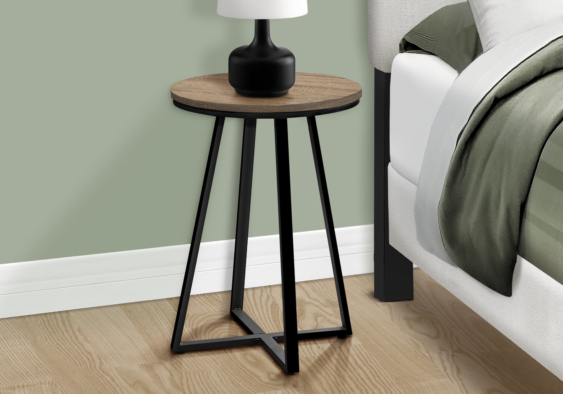 Accent Table, Side, Round, End, Nightstand, Lamp, Living Room, Bedroom, Brown Laminate, Black Metal, Contemporary, Modern Taupe Metal