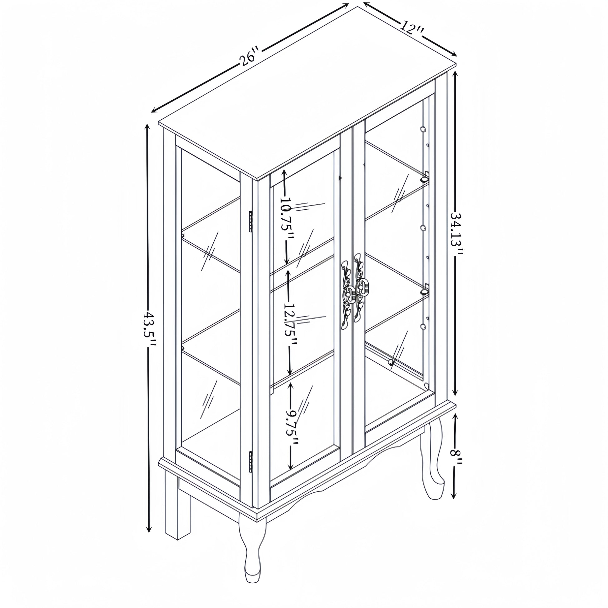 2 Doors Curio Cabinet With Tempered Glass Doors, Curio Cabinets With Mirrored Back Panel And Adjustable Shelves, Lighted Display Cabinet For Home, Office Light Bulb Included Oak Oak Mdf Glass