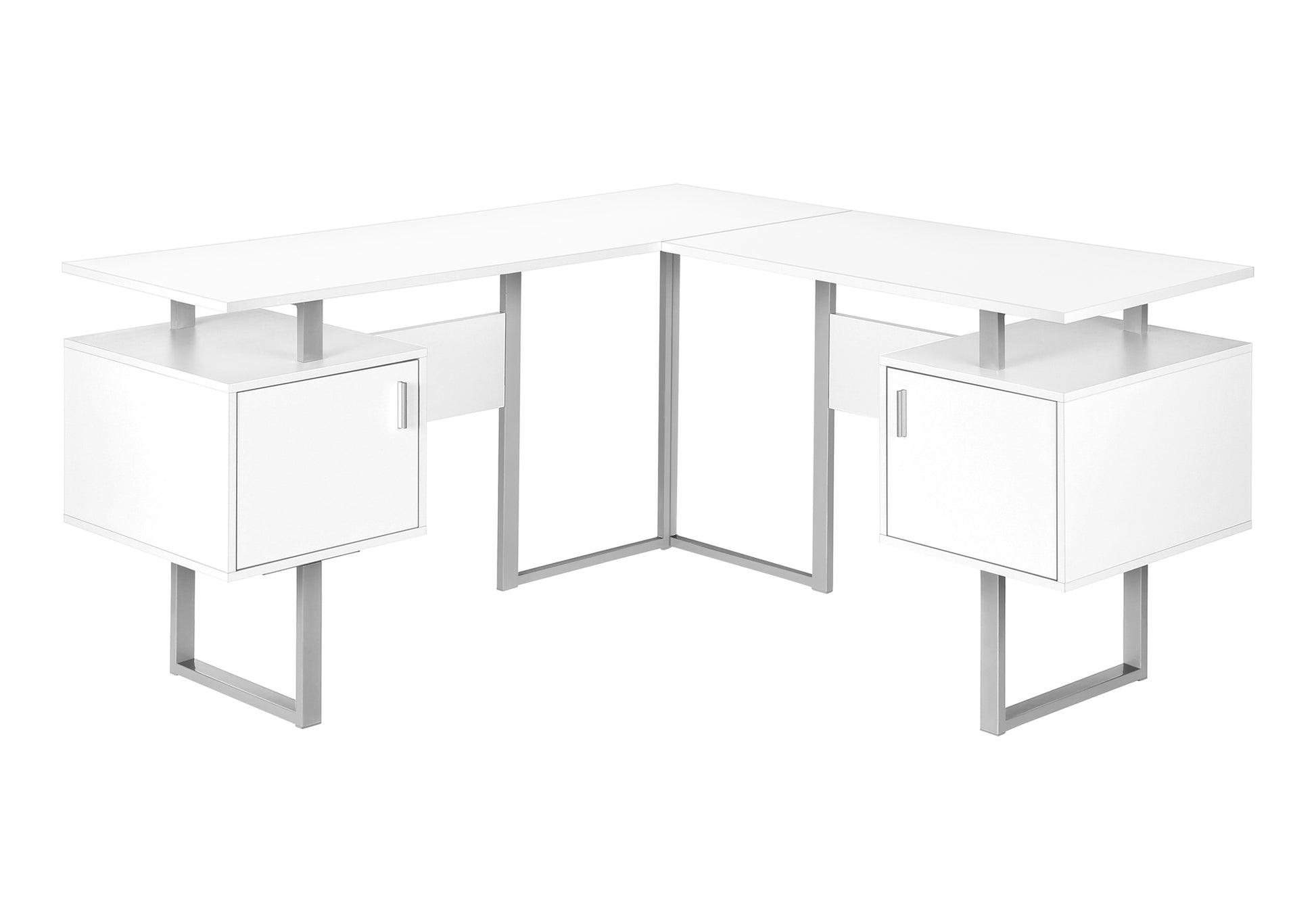 Computer Desk, Home Office, Corner, Storage, 58"L, L Shape, Work, Laptop, White Laminate, Grey Metal, Contemporary, Modern White Particle Board