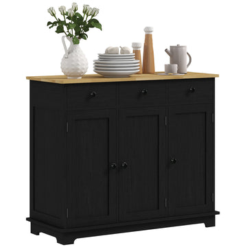 Homcom Sideboard With Solid Wood Countertop, Modern Kitchen Storage Cabinet, Coffee Bar Cabinet With 3 Drawers, Doors And Adjustable Shelf, Distressed Black Wood Wood