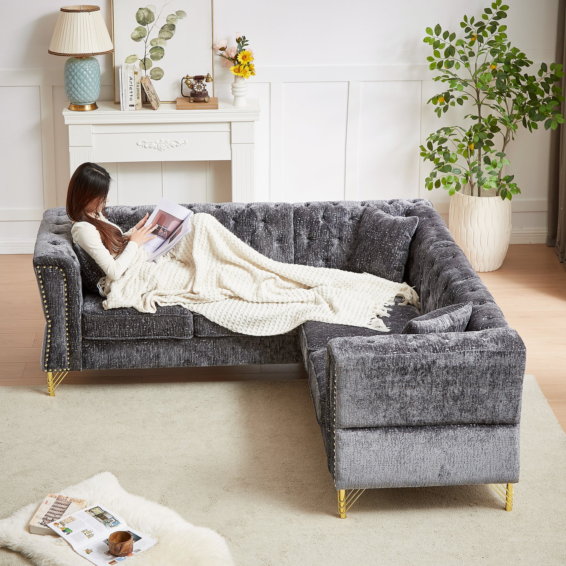 81.5 Inch Chenille Corner Sofal Shaped Sectional Couch, 5 Seater Corner Sofas With 3 Cushions For Living Room, Bedroom, Apartment, Office Grey Foam Chenille 5 Seat