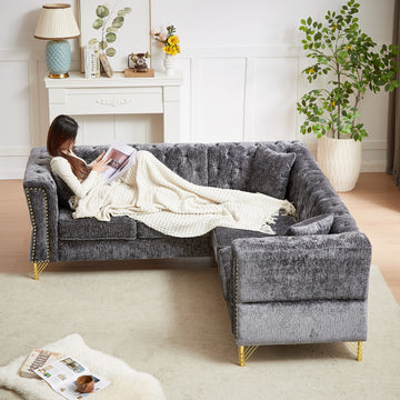 81.5 Inch Chenille Corner Sofal Shaped Sectional Couch, 5 Seater Corner Sofas With 3 Cushions For Living Room, Bedroom, Apartment, Office Grey Foam Chenille 5 Seat