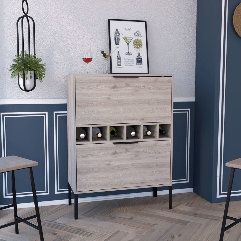 Rowan Bar Cabinet, Six Built In Wine Rack, Double Door Cabinet Light Gray Particle Board Engineered Wood