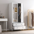 Metal Armoire Wardrobe Closet With 2 Drawers, Mirror Door And Hanging Rod, Metal Clothing Storage Cabinet, Garment Organizer With Magnetic Door White White Bedroom Retro Steel