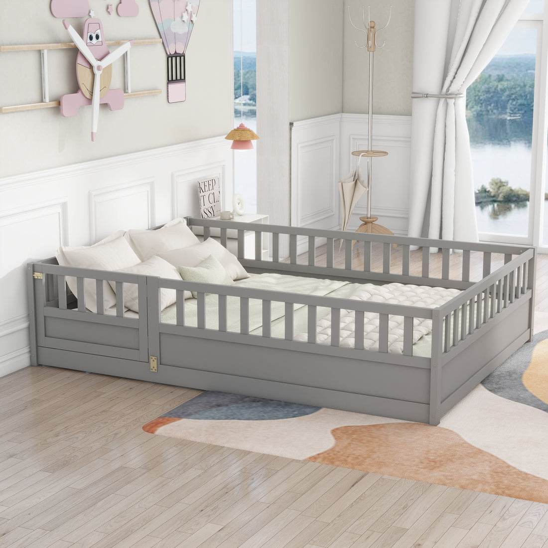 Full Size Floor Bed, Integral Construction With Super High Security Barrier, Door, Children'S Floor Bed Frame, Montessori Wooden Children'S Floor Bed, Support Slat Grey Box Spring Required Full Grey