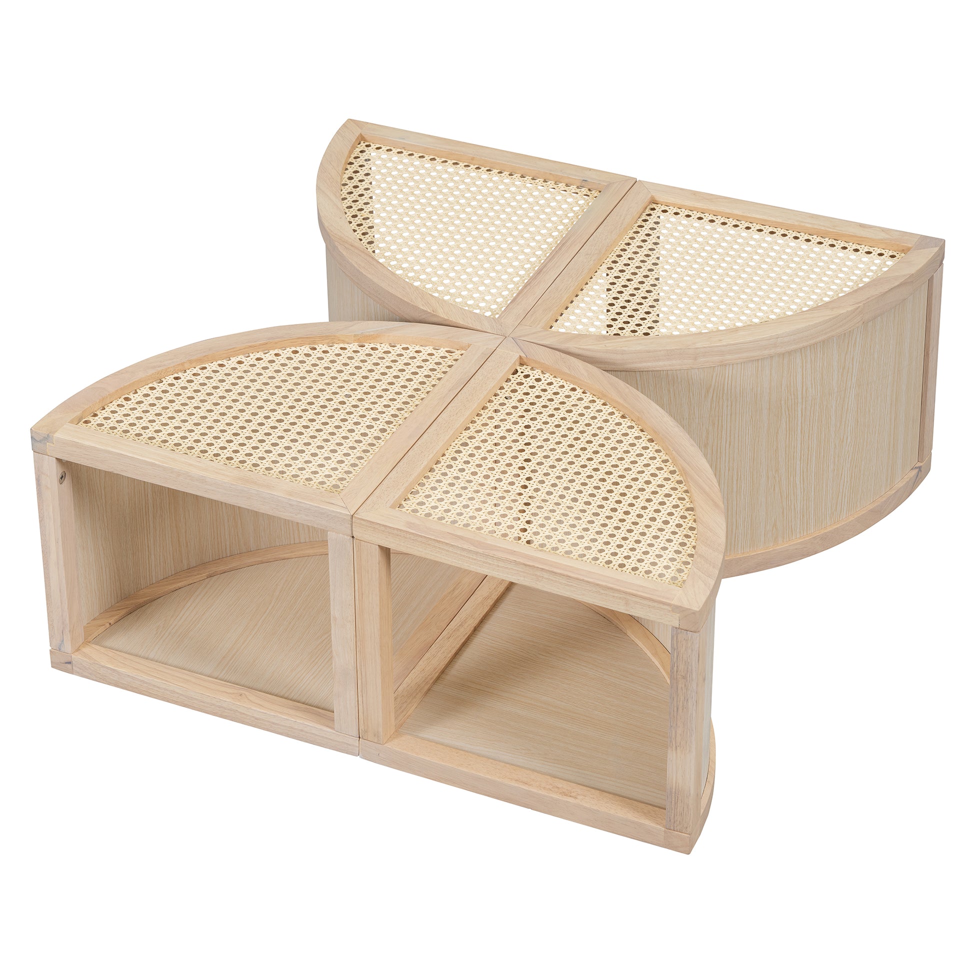 Round To Square Block Modular Coffee Table Light Natural Rattan With Storage 4 Piece Light Natural Rubber Wood