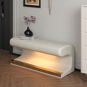 Entryway Bench Leather Upholstered Ottoman With Led Sensor Light For Living Room ,Bedroom,End Of Bed Beige Leather