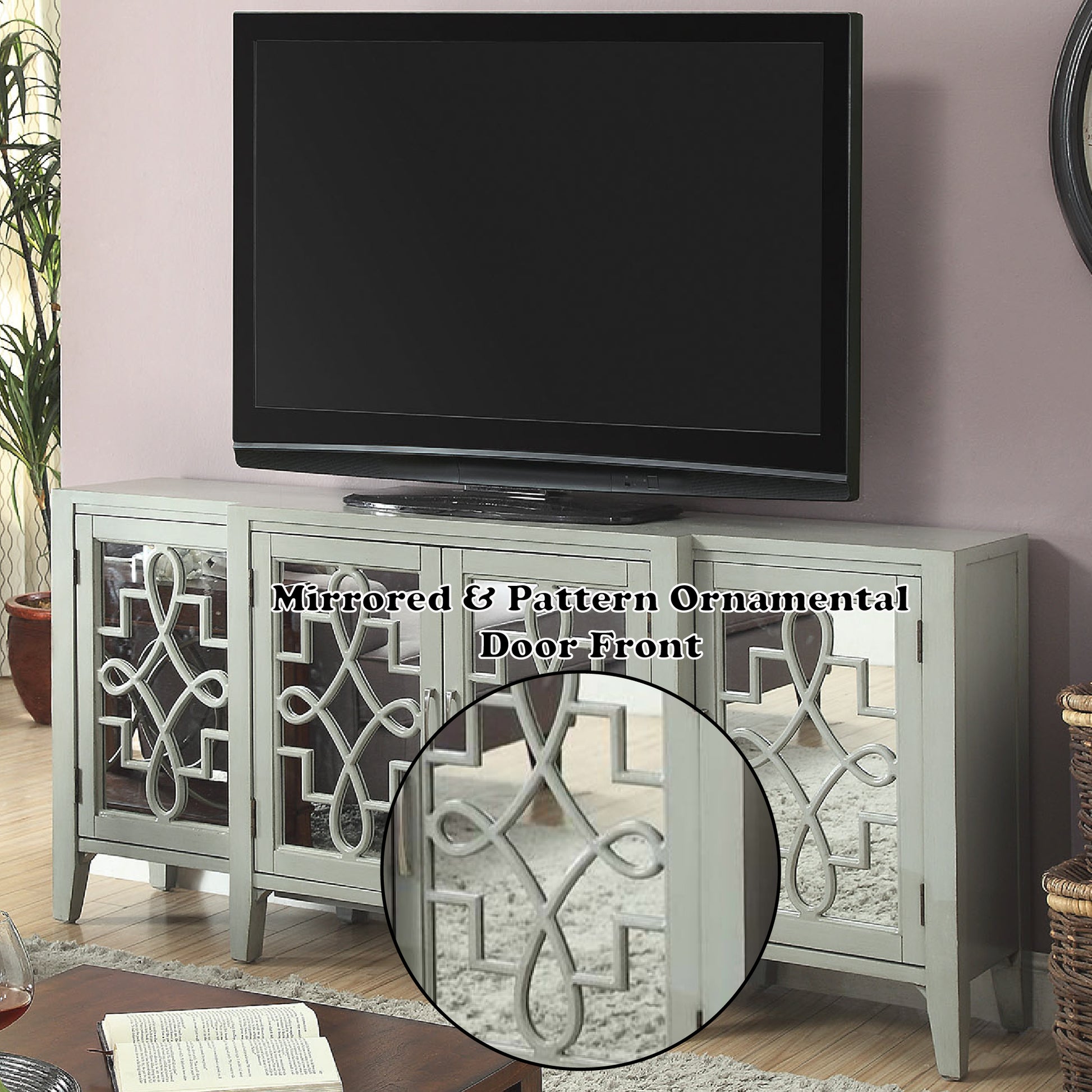 Kacia Antique Gray Finish Console Cabinet Antique Gray Mirror,Synthetic Wood