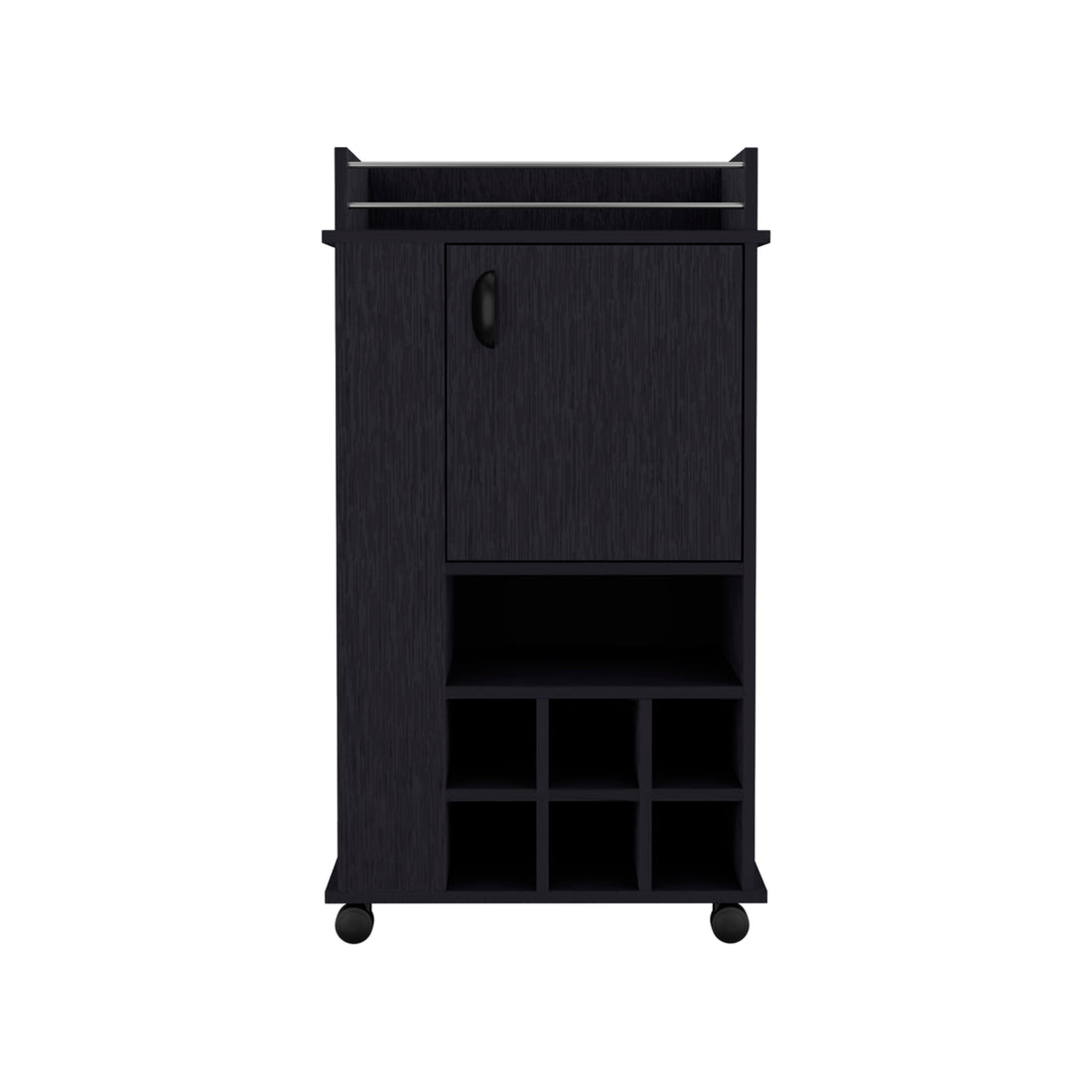 Fargo Bar Cart With Cabinet, 6 Built In Wine Rack And Casters Black Primary Living Space Modern Particle Board Engineered Wood