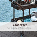 Outsunny Rattan Wicker Serving Cart With 2 Tier Open Shelf, Outdoor Wheeled Bar Cart With Brakes For Poolside, Garden, Patio Brown Steel