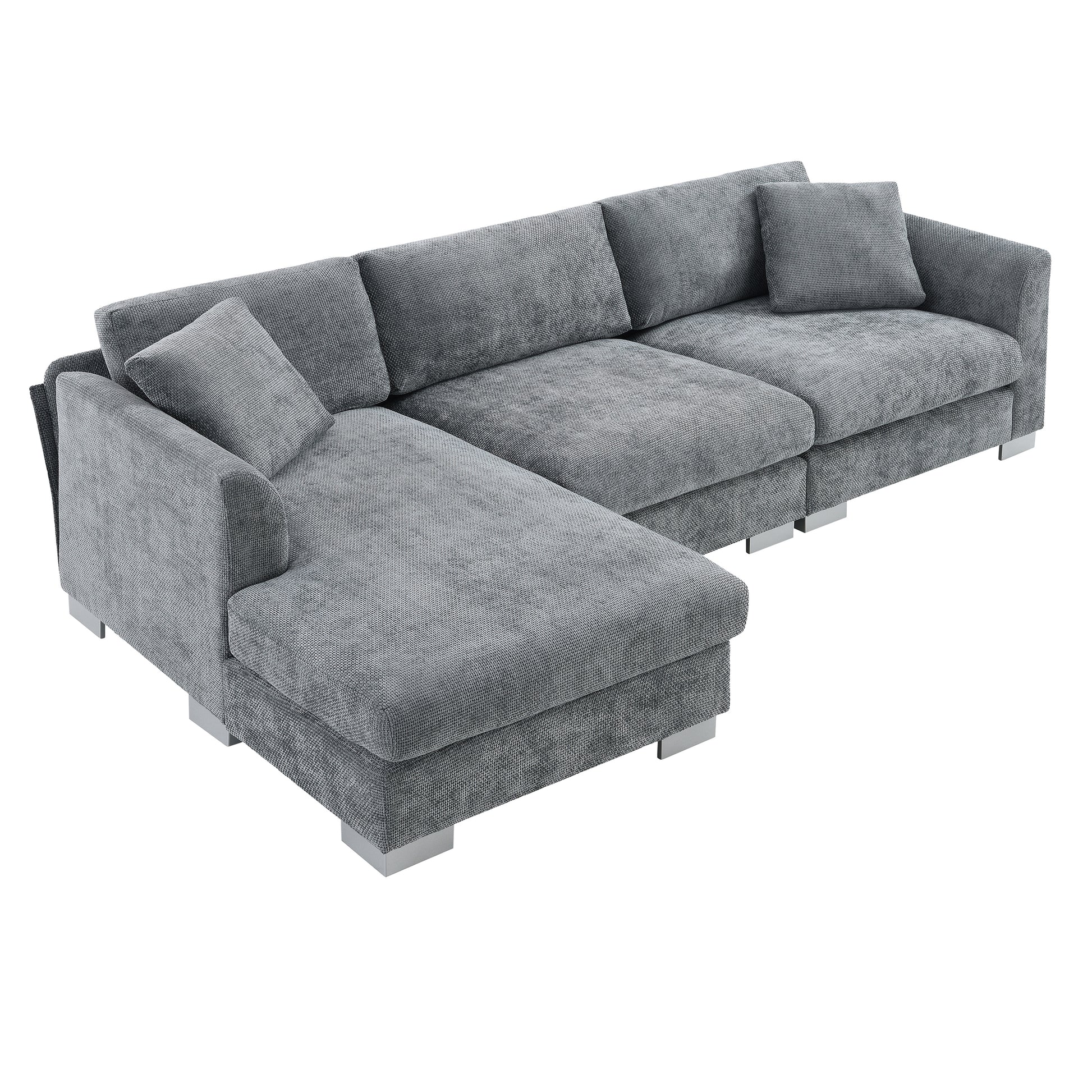 96*56" Modern Cloud Sectional Sofa,L Shaped Luxury Couch Set With 2 Free Pillows,4 Seat Chenille Indoor Furniture With Oversized Chaise For Living Room,Apartment,Office,3 Colors Gray Chenille 4 Seat