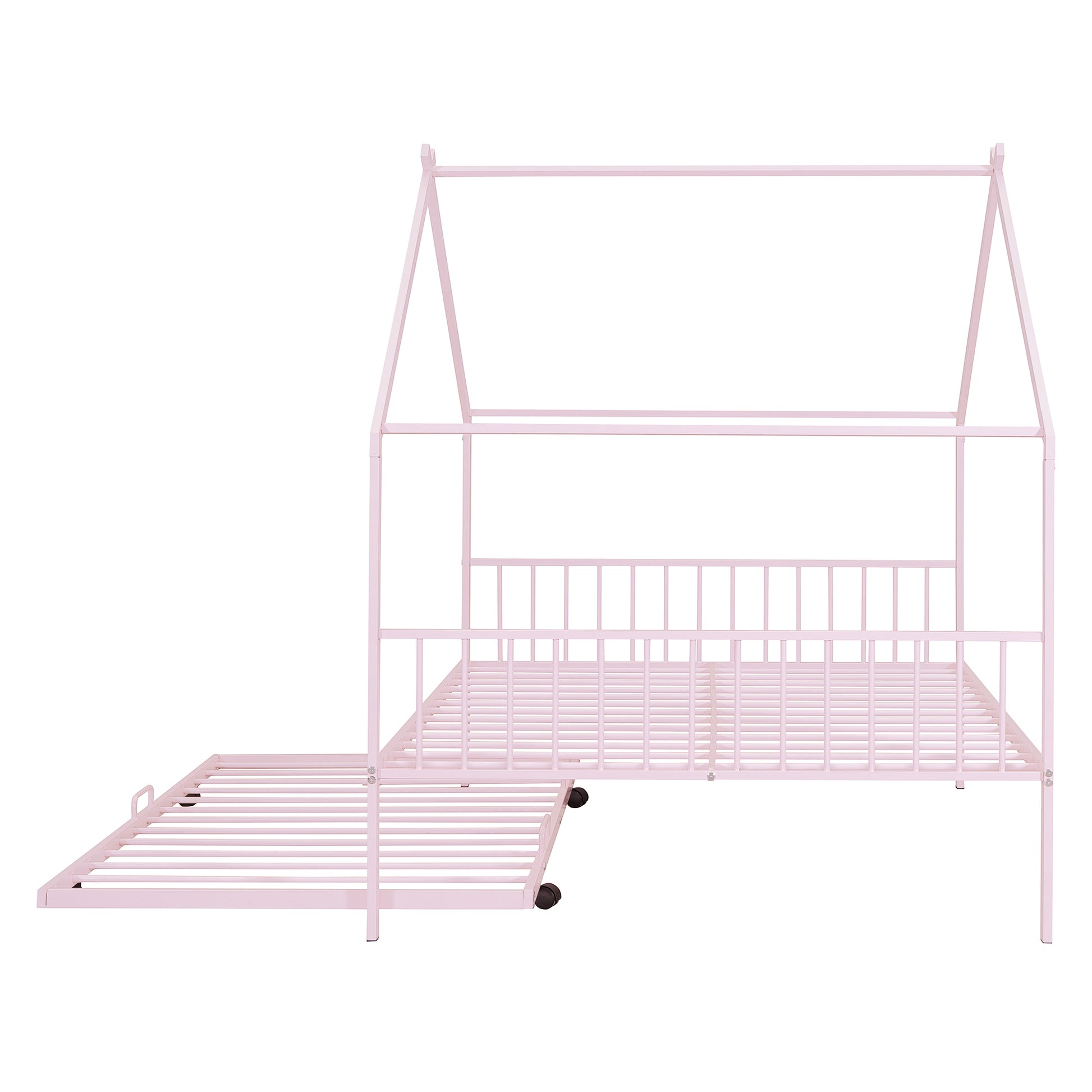 Full Size Metal House Bed With Twin Size Trundle, Pink Full Pink Metal