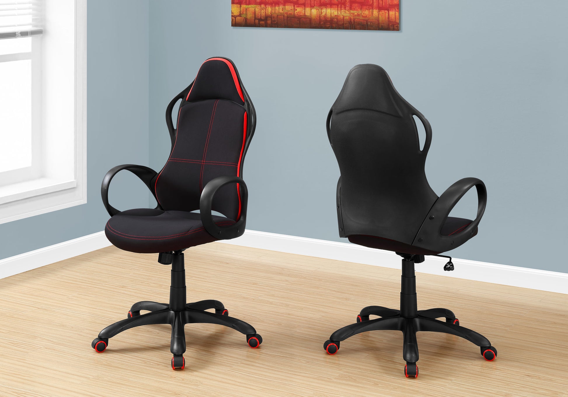 Office Chair, Gaming, Adjustable Height, Swivel, Ergonomic, Armrests, Computer Desk, Work, Black And Red Fabric, Black Metal, Contemporary, Modern Black Foam Polyester