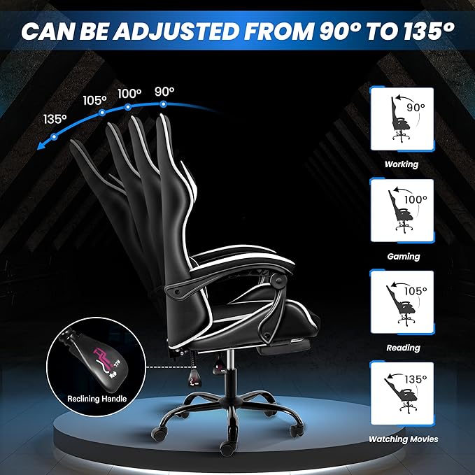 Gaming Chair, Computer Chair With Footrest, Height Adjustable & 90 135 Tilt Function, Swivel Recliner Ergonomic Racing Style Video Game Chair With Lumbar Support Black White White Black Leather