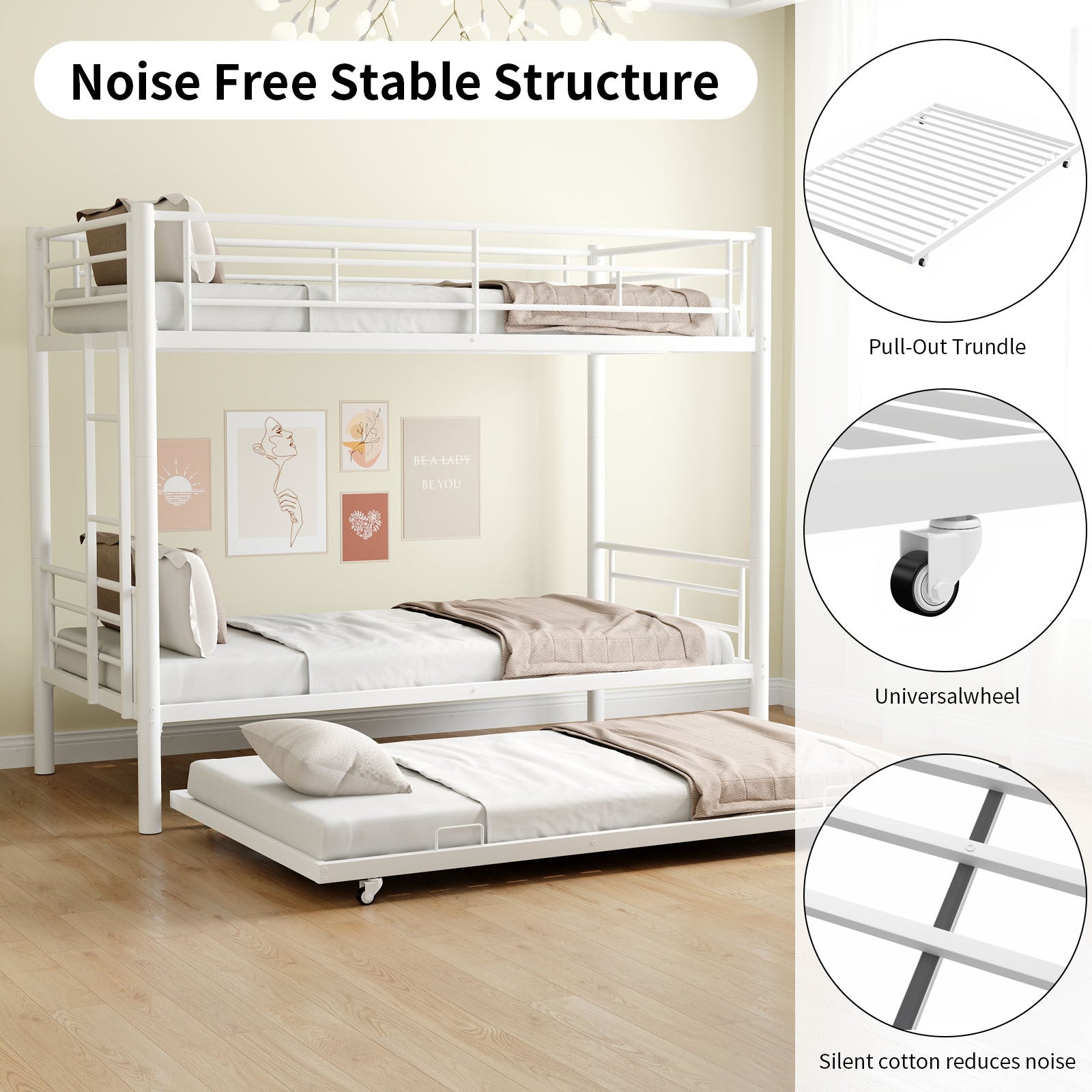 Heavy Duty Sturdy Meta Twin Over Twin With Trundle Bunk Bed L Noise Reduced Safety Guardrail No Box Spring Needed,White Box Spring Not Required Twin White Metal