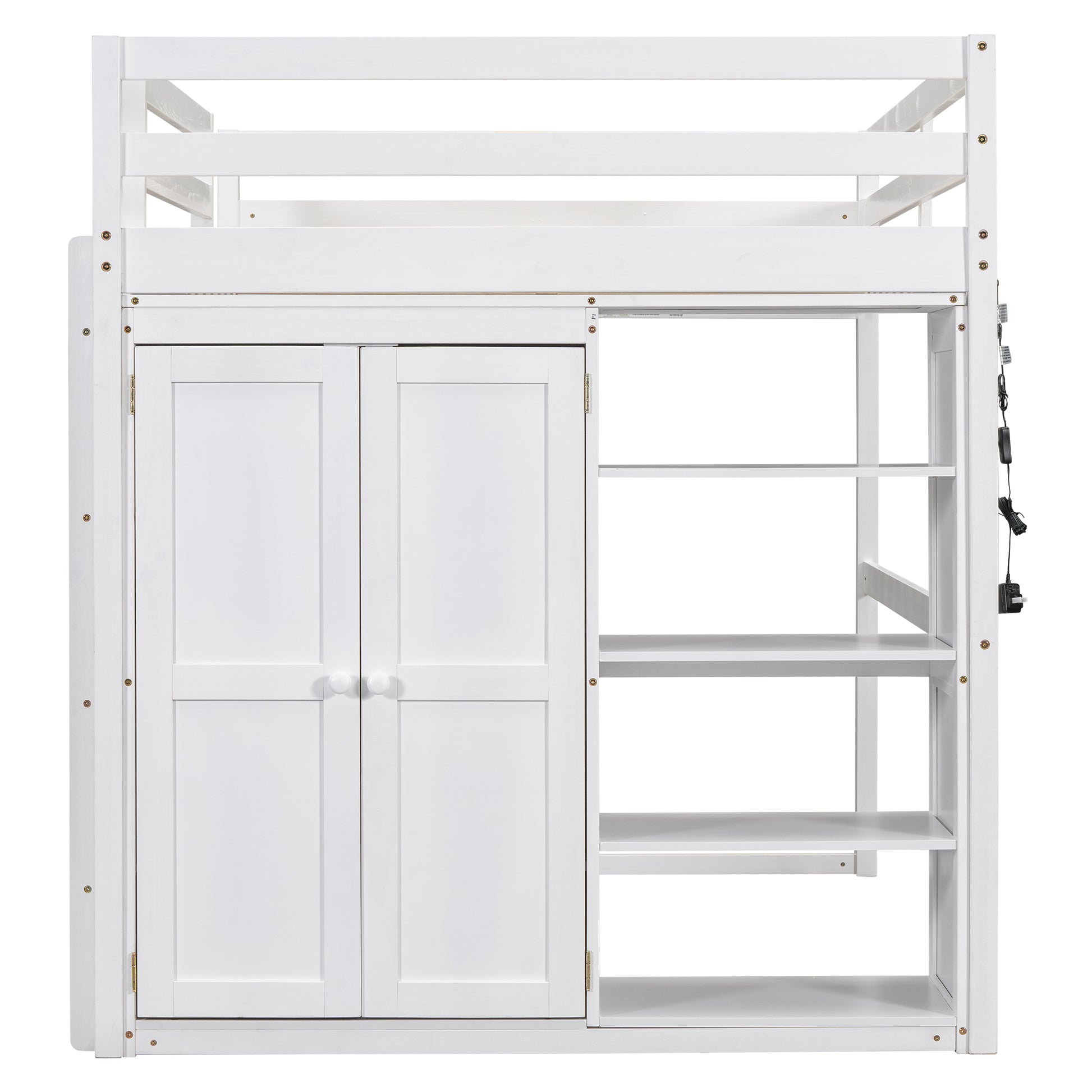 Wood Full Size Loft Bed With Built In Wardrobe And Storage Shelves, Led Light, White Box Spring Not Required Full White Wood Bedroom Bed Frame Solid Wood Mdf