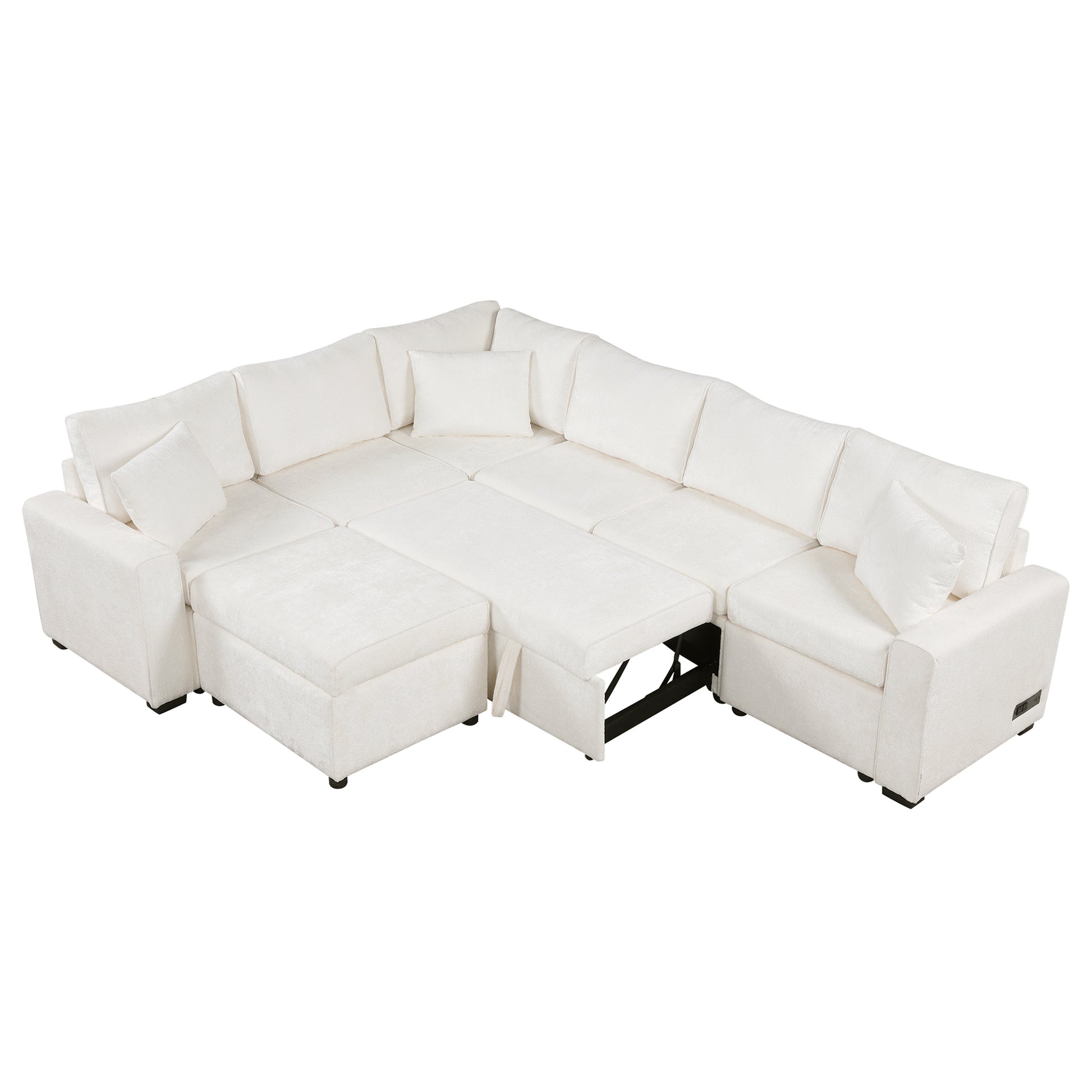 112.2" Sectional Sofa Pull Out Sofa Bed Sleeper With A Storage Ottoman,Three Pillows And Charging Devices For Living Room, Cream Cream Foam Chenille 6 Seat