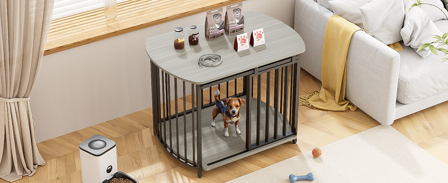 31.5" Furniture Style Dog Crate For Small And Medium Dogs, Wooden Cage Indoor Kennel Furniture, Modern Dog Crate End Table With Double Doors, Gray Gray Pet Barrier Medium 26 40 Lbs Iron,Mdf