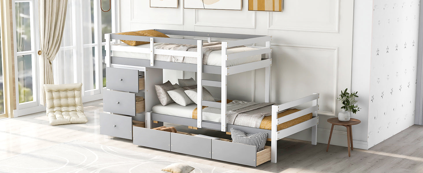 Twin Over Twin Loft Bunk Bed With Drawers And Ladder, Gray Twin Gray Pine