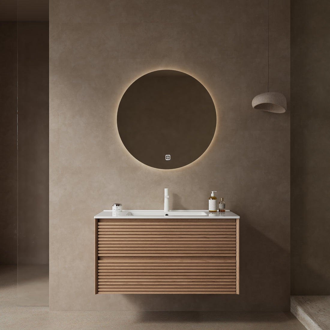 Bron 36" Bathroom Vanity With Sink, Modern Wall Mounted Floating Plywood Bathroom Storage Cabinet With 2 Drawers, White Ceramic Basin With Sink Hole Cover And Drain, Natural Walnut White Natural