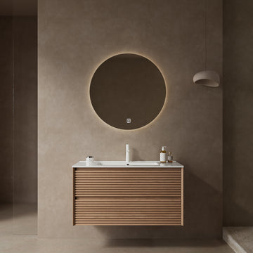 Bron 36" Bathroom Vanity With Sink, Modern Wall Mounted Floating Plywood Bathroom Storage Cabinet With 2 Drawers, White Ceramic Basin With Sink Hole Cover And Drain, Natural Walnut White Natural
