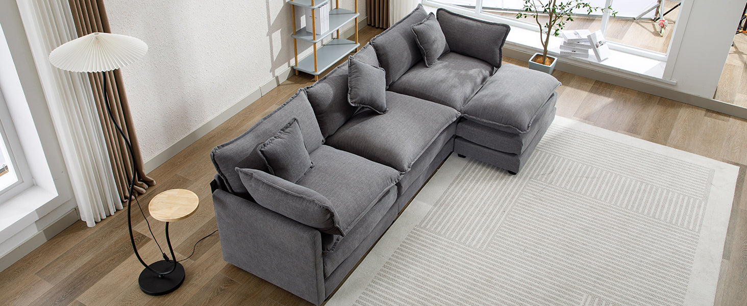 112.2" L Shape Chenille Upholstered Sofa For Living Room Modern Luxury Sofa Couch With Ottoman, 5 Pillows, Gray Gray Foam 4 Seat