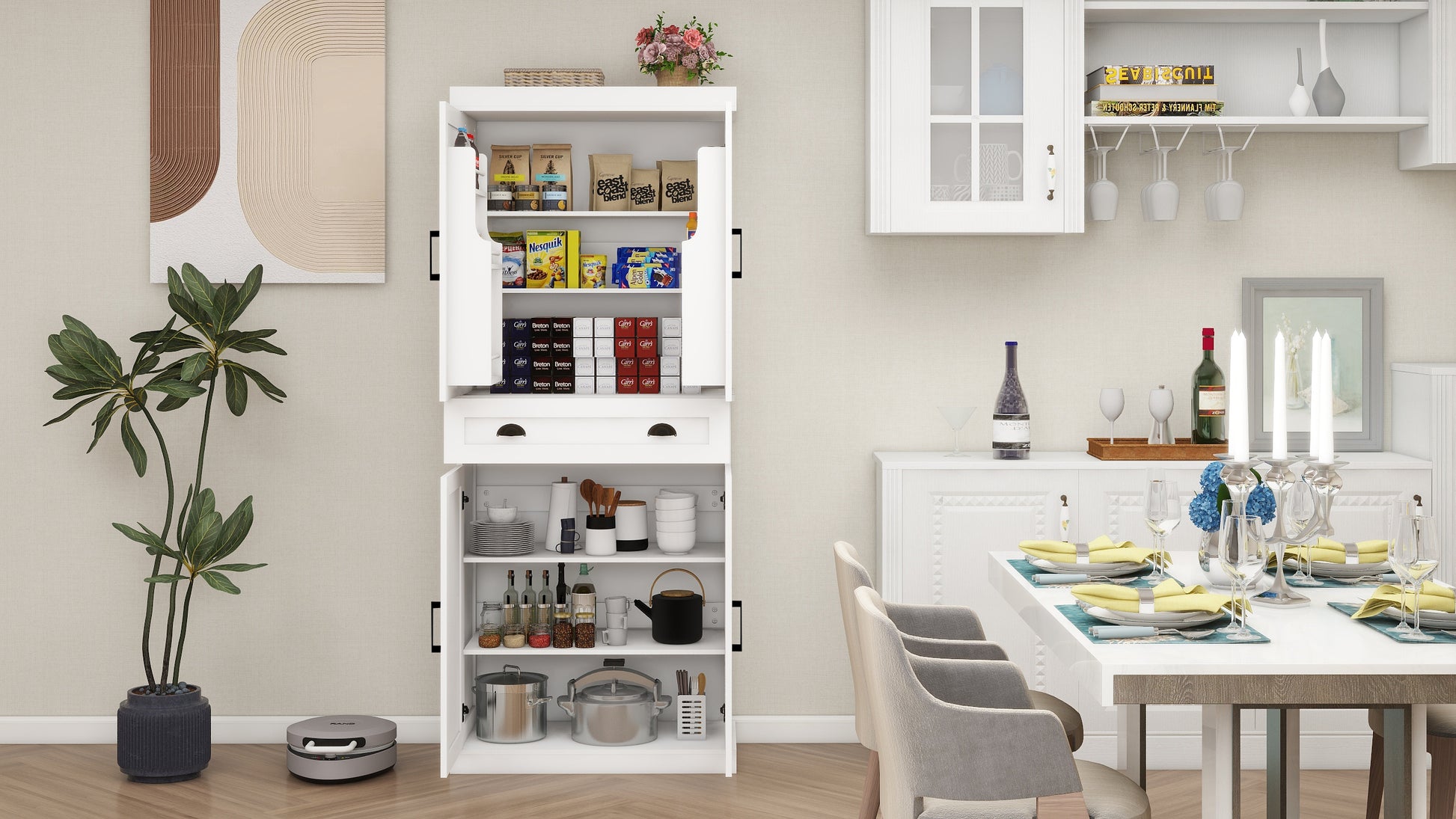 71" Kitchen Pantry Storage Cabinet With 4 Doors 2Doors With Racks ,1 Drawer, 2 Adjustable Shelves, Freestanding Cupboard For Kitchen, Dining Room And Living Room White White Mdf