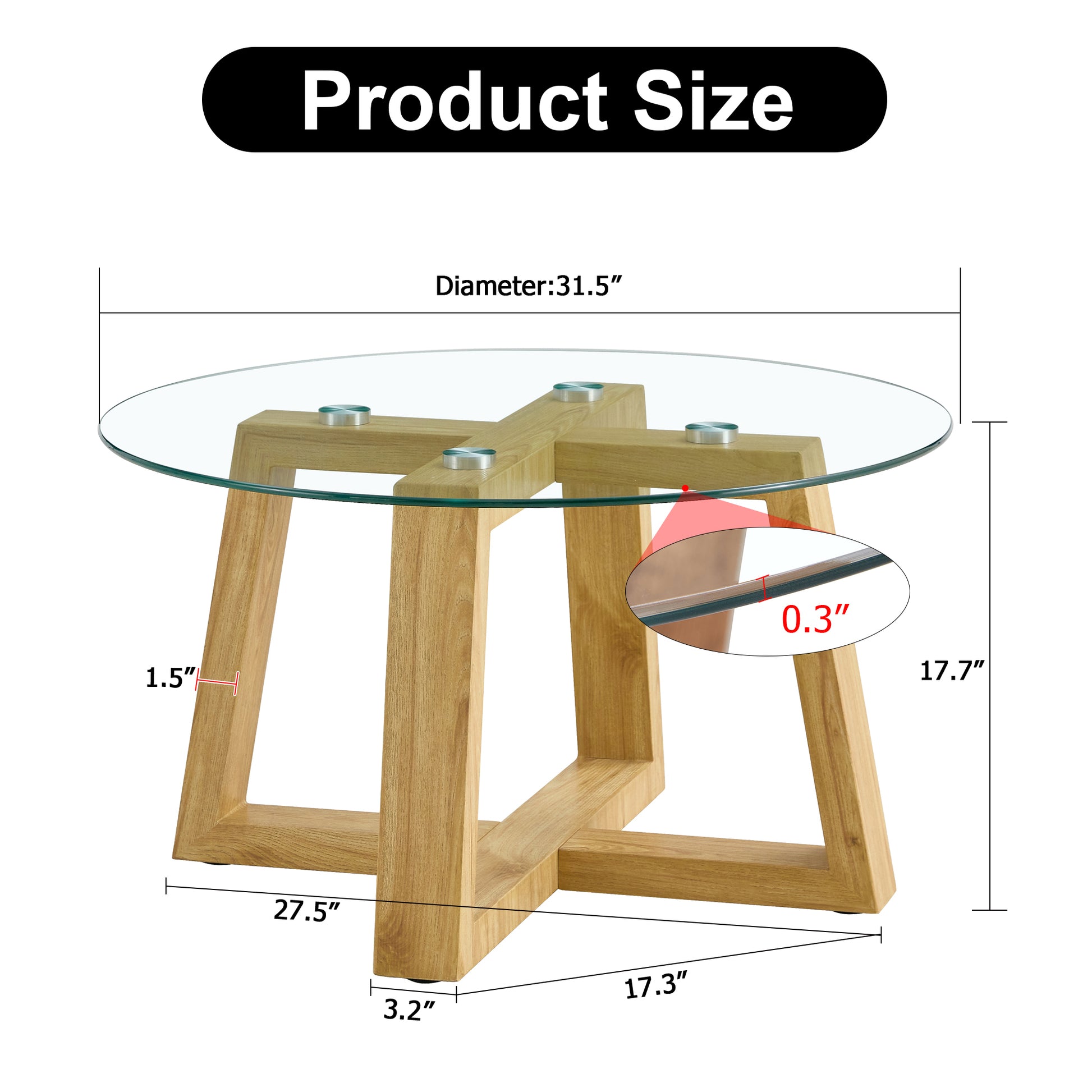 Modern Practical Circular Coffee Tables. Made Of Transparent Tempered Glass Tabletop And Wood Colored Mdf Material. Suitable For Living Rooms And Bedrooms.31.5"*31.5"*17.7" Transparent Glass