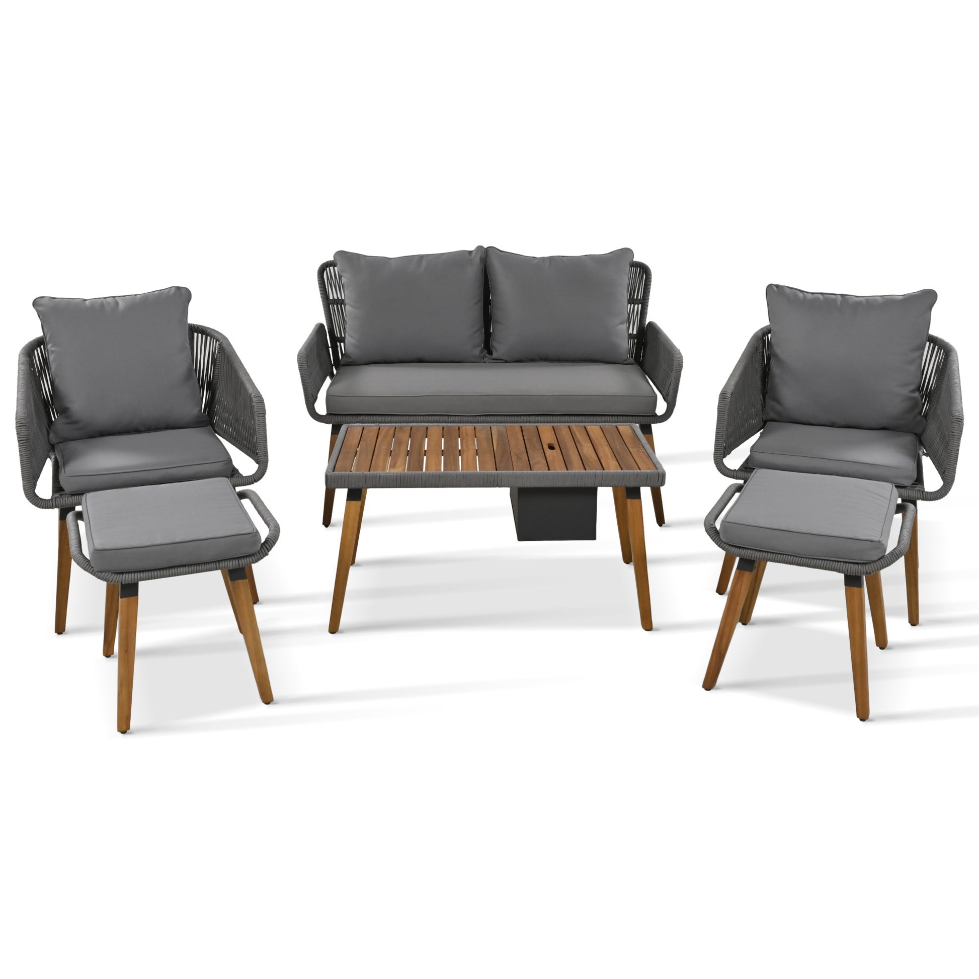 K&K 6 Piece Rope Patio Furniture Set, Outdoor Furniture With Acacia Wood Cool Bar Table With Ice Bucketdeep Seat Patio Conversation Set With Two Stools For Backyard Porch Balcony Grey Yes Complete Patio Set Grey Weather Resistant Frame Fade Resistant