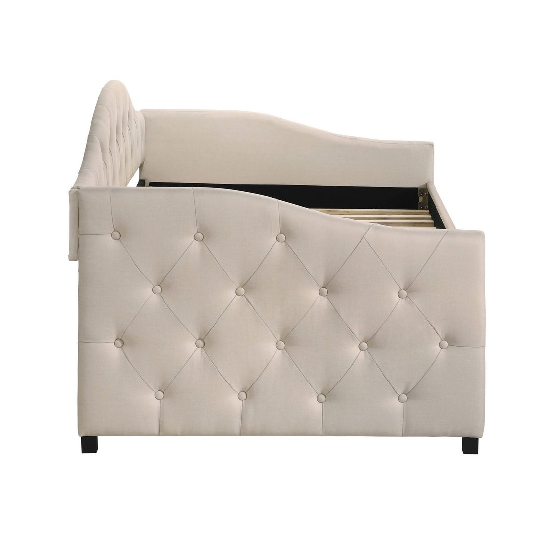 Mosh Twin Size Daybed With Trundle, Camelback, Taupe Fabric Upholstered Twin Taupe Mdf