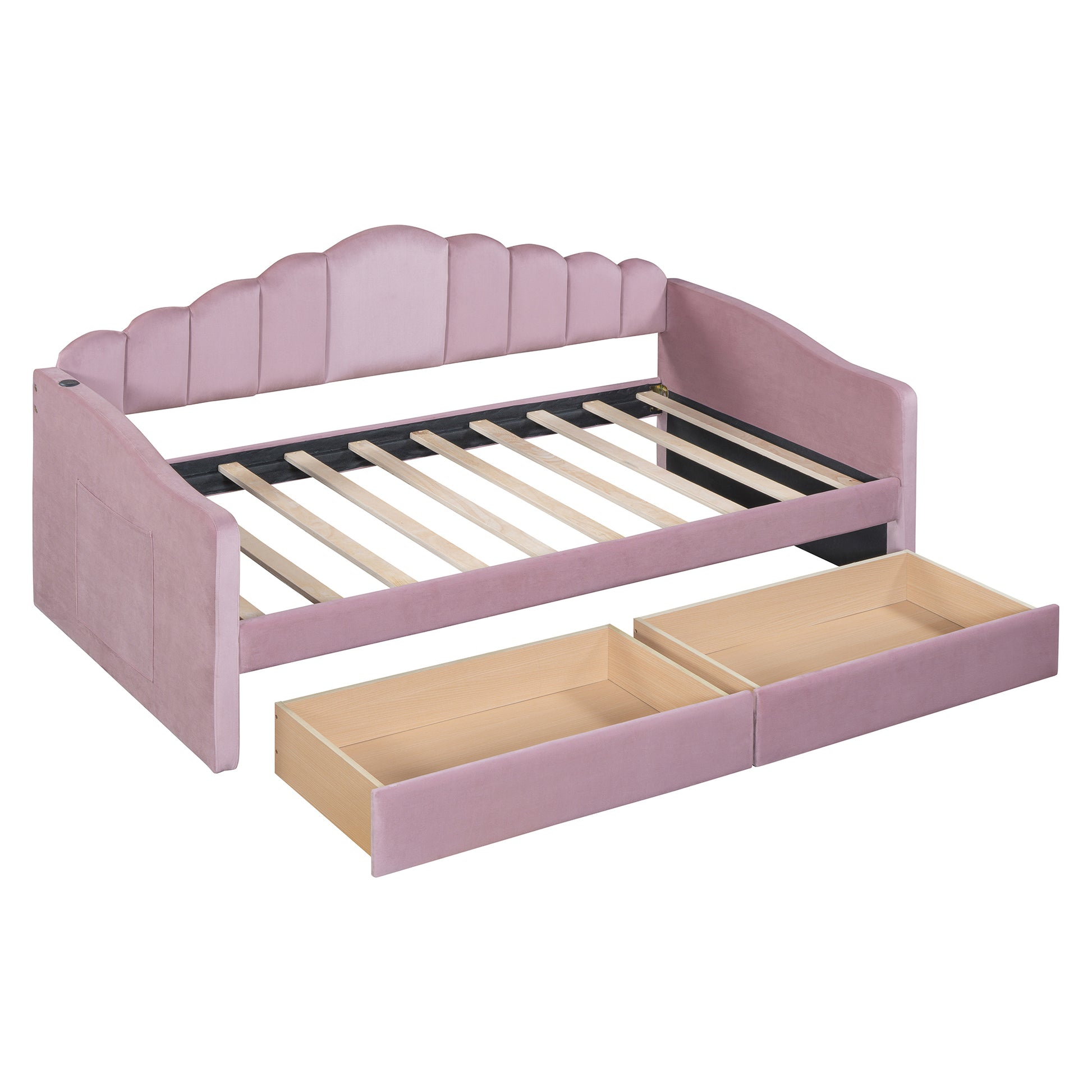 Twin Size Upholstered Daybed With 2 Drawers ,Velvet Sofabed With Usb Charging Ports,No Box Spring Needed,Pink Twin Pink Velvet