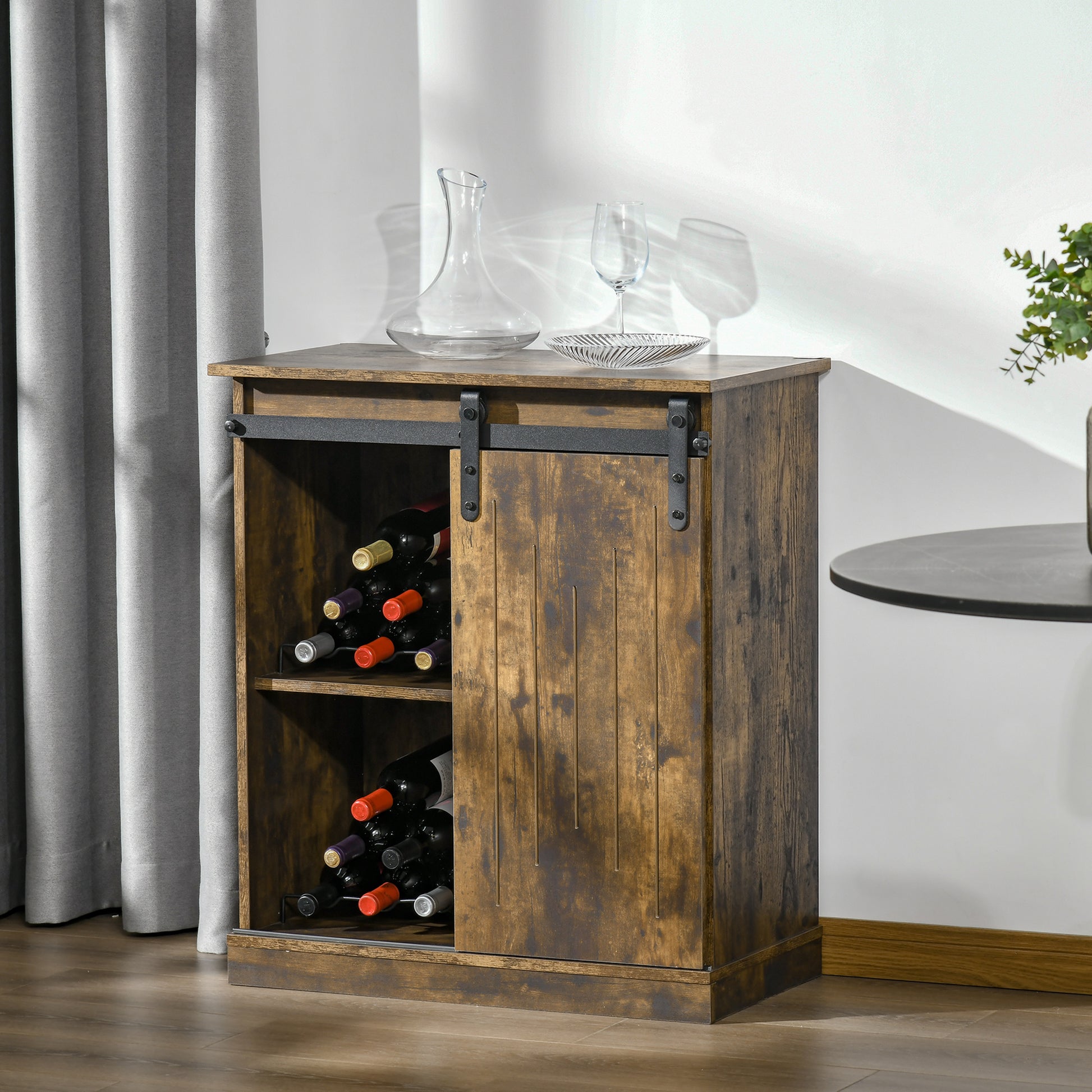 Homcom Industrial Wine Cabinet, Sideboard Storage Cabinet, Serving Bar Buffet With Sliding Barn Door And 6 Bottle Wine Rack, Brown Brown Mdf Steel