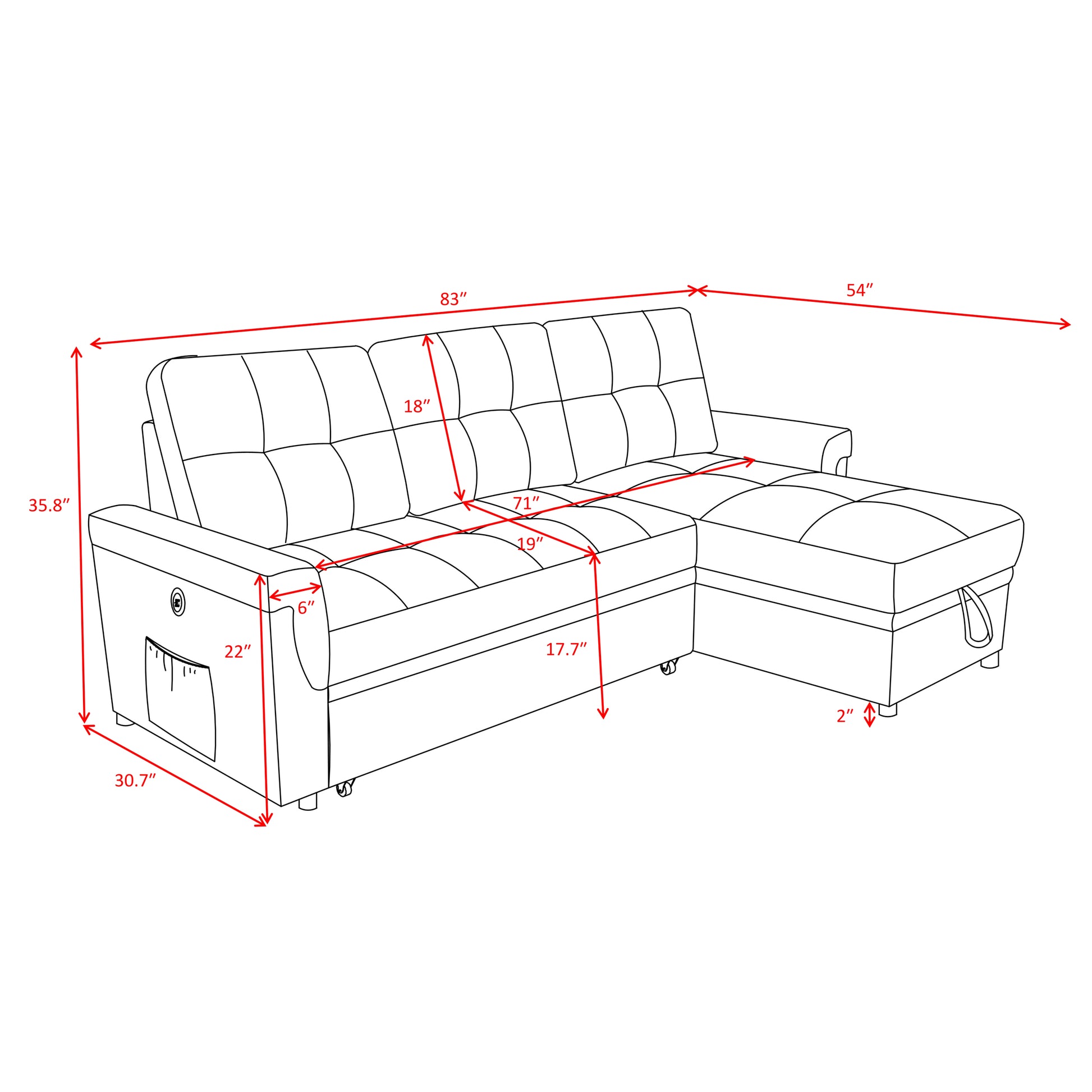 Variable Sofa Bed With Storage And Usb Charging Port Black Wood Medium Soft Foam Cotton Linen 3 Seat