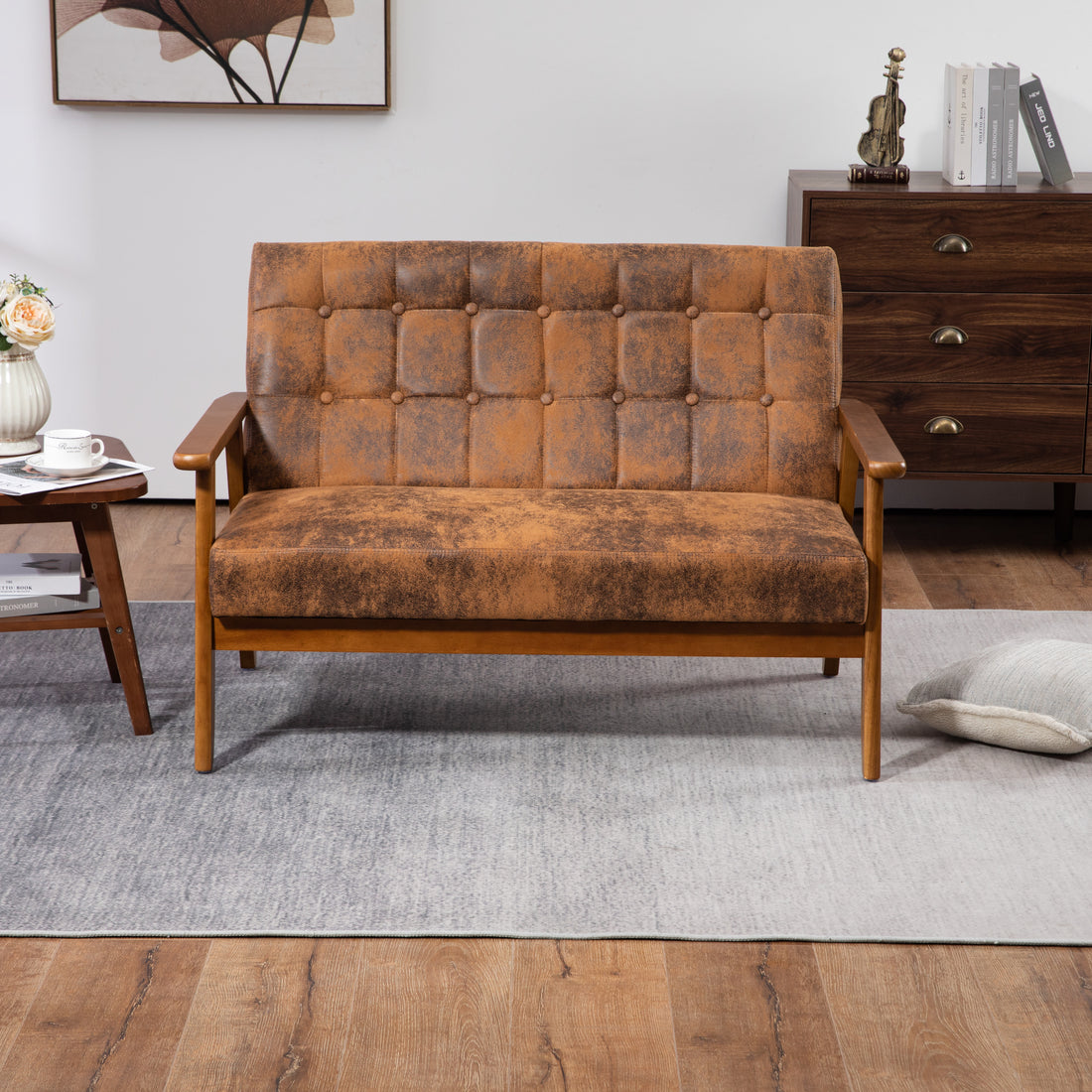 Coolmore Mid Century Modern Solid Loveseat Sofa Upholstered Microsuede Fabric Loveseat, 2 Seat Upholstered Loveseat Sofa Modern Couch Coffee Microsuede 2 Seat