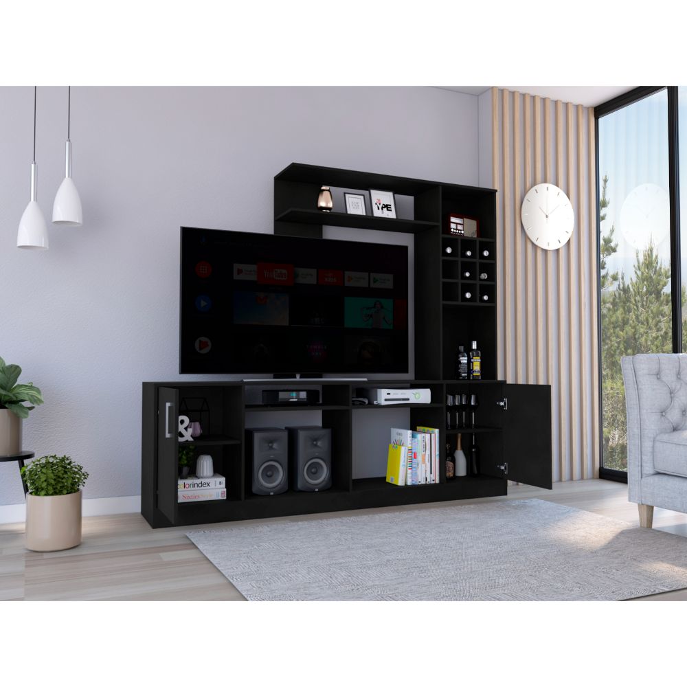 Entertainment Center For Tv S Up 78", Double Door Cabinet, Storage Spaces, Six External Shelves, Black Black 60 69 Inches Solid Wood Mdf Engineered Wood