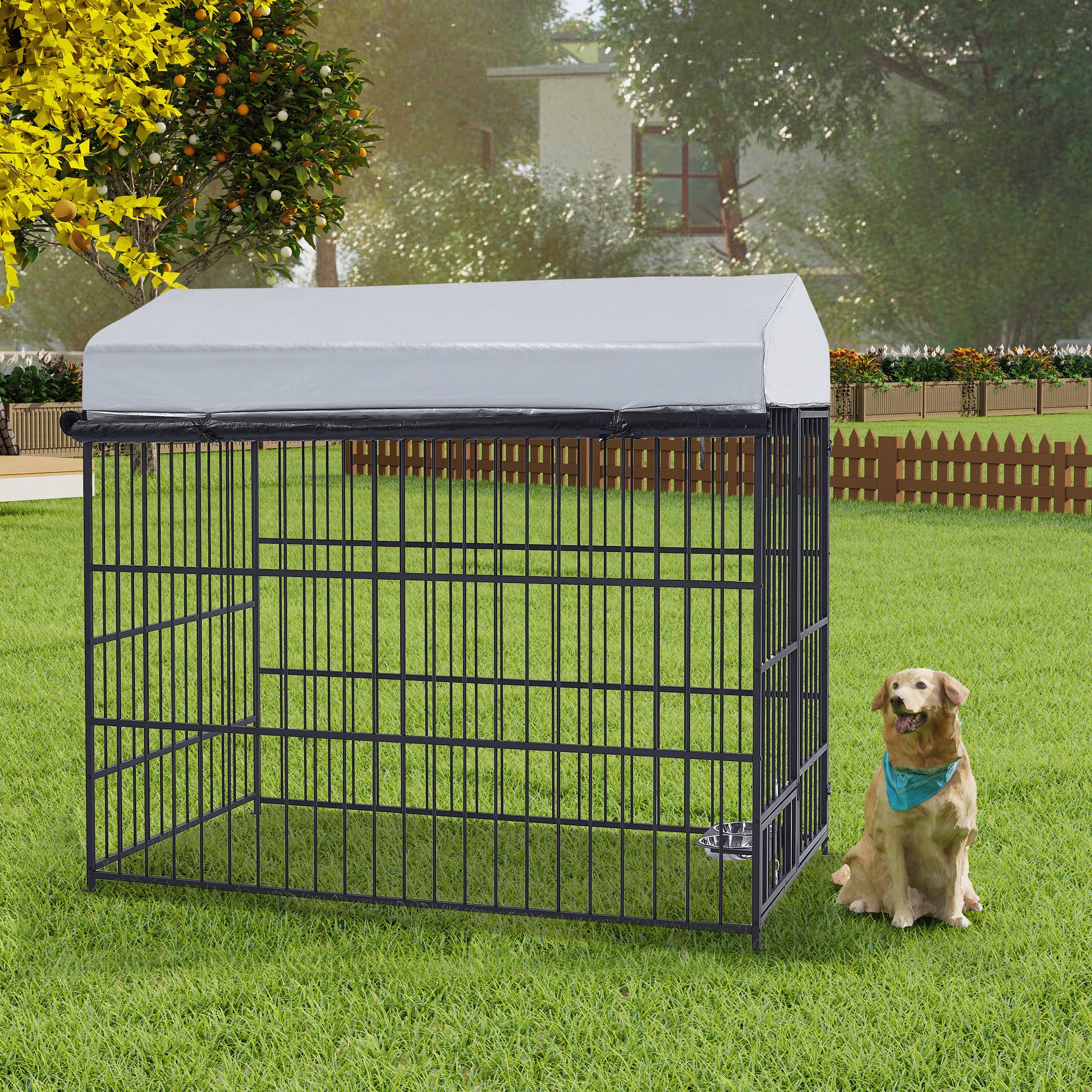 Large Dog Kennel Outdoor Pet Pens Dogs Run Enclosure Animal Hutch Metal Coop Fence With Roof Cover 6.6'L X 3.9'W X 5.9'H Black Iron