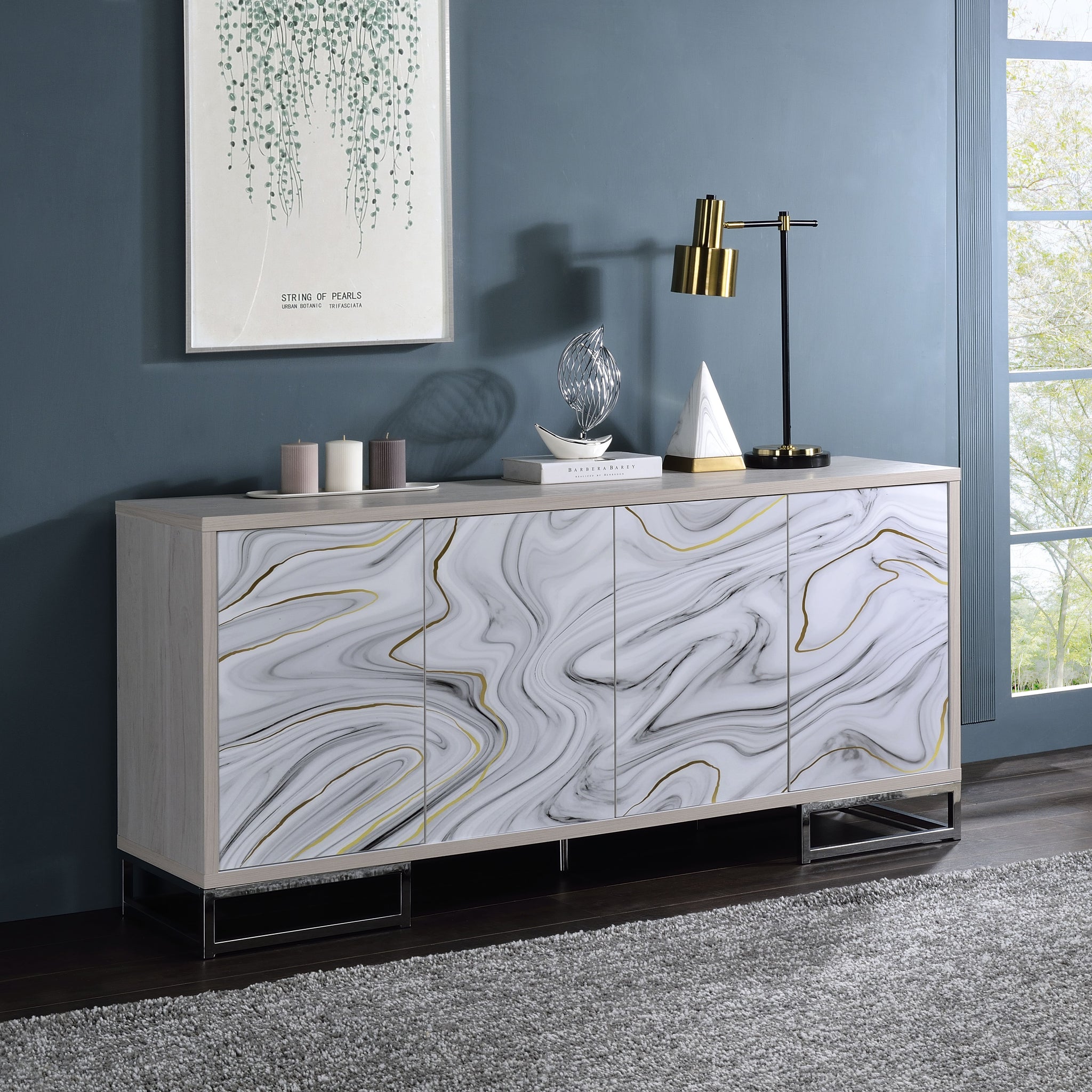 Panos Console Cabinet, White Marble Paint & Chrome Finish Ac02344 White Metal