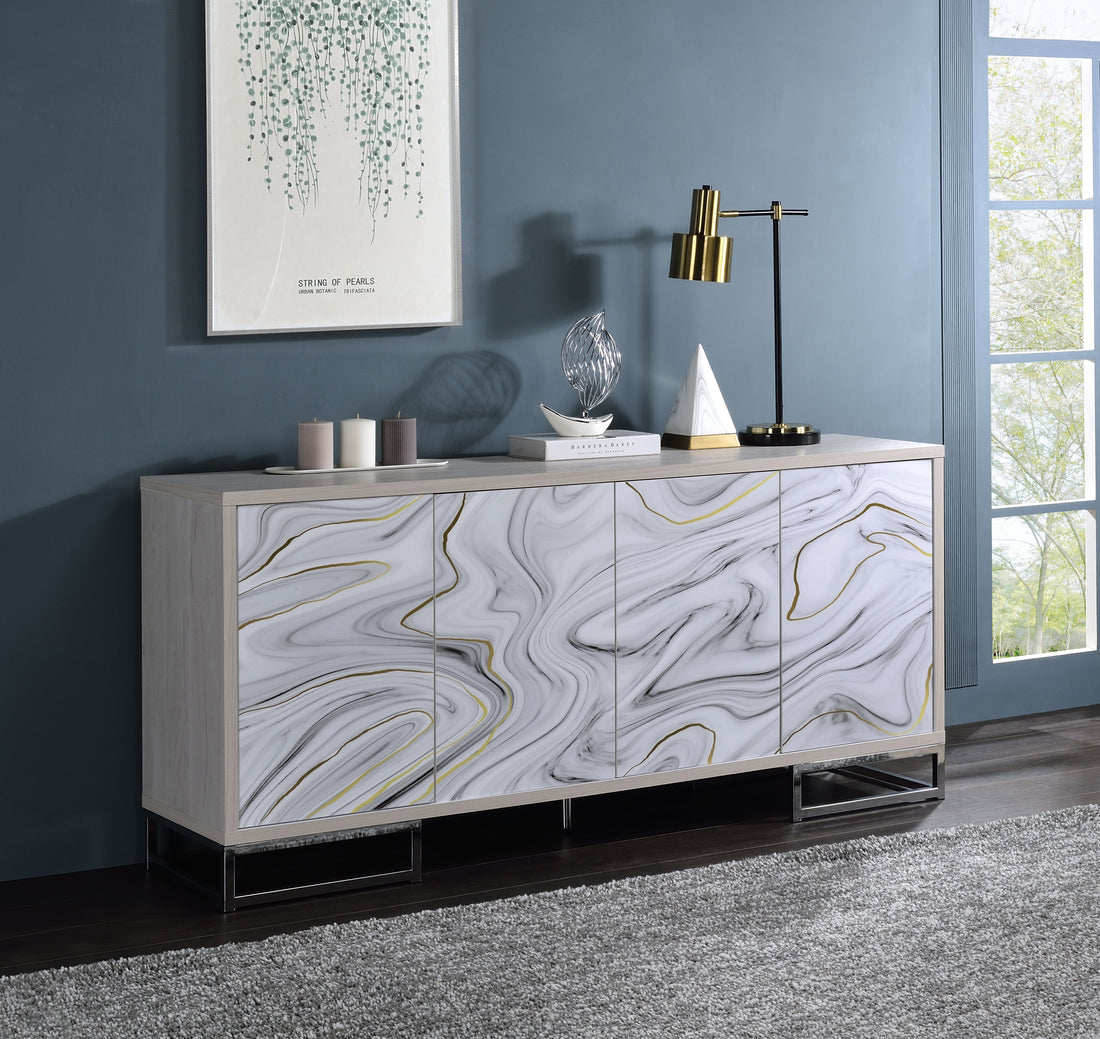 Panos Console Cabinet, White Marble Paint & Chrome Finish Ac02344 White Metal