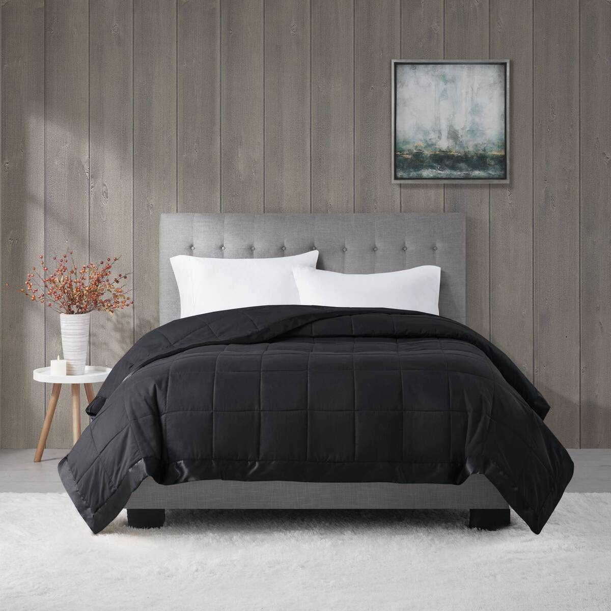 Lightweight Down Alternative Blanket With Satin Trim Black Twin Black Polyester