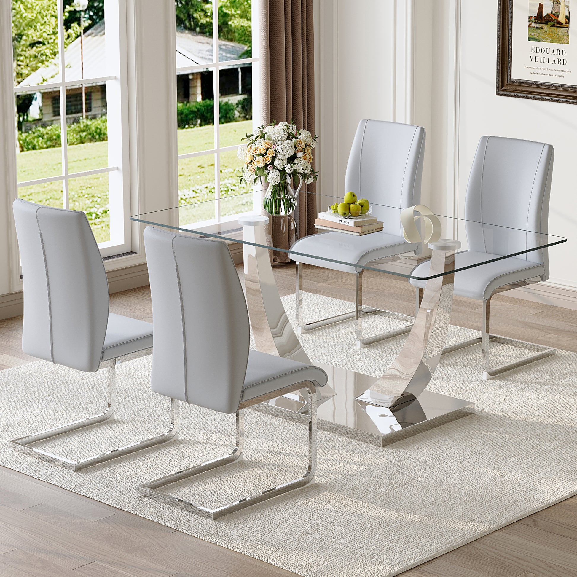 Table And Chair Set.Modern Dining Table,Tempered Glass Tabletop And Silver Colored Leg.Paired With 4 Soft And Comfortable Light Gray Pu Chair, Perfect For Dinner, Meetings, Home And Office Decor.