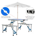 Outsunny Folding Picnic Table With Umbrella Hole, Aluminum Suitcase Portable Outdoor Table With Bench, Patio, Porch Or Camping Table And Chair Set, Ocean Blue Blue Mdf