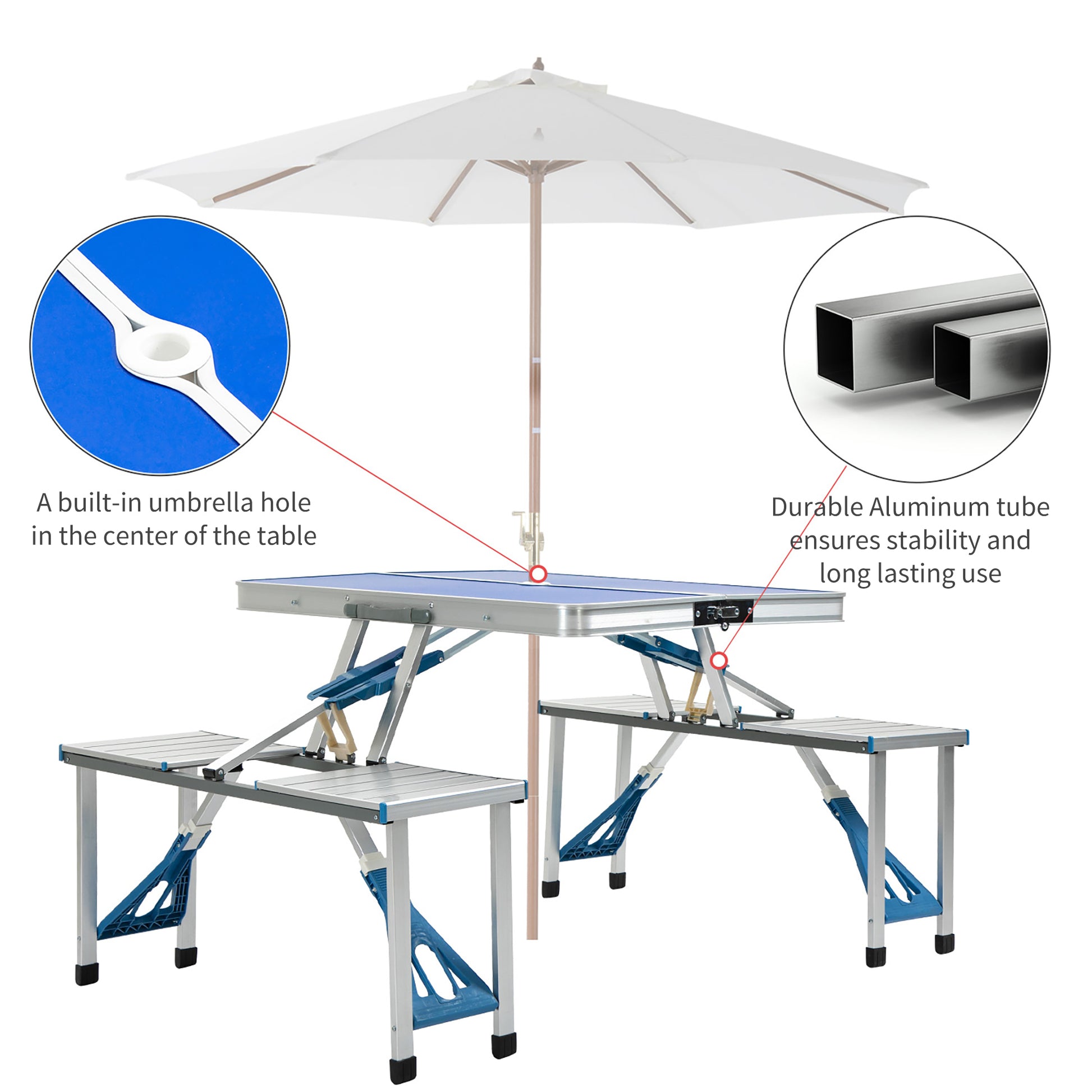 Outsunny Folding Picnic Table With Umbrella Hole, Aluminum Suitcase Portable Outdoor Table With Bench, Patio, Porch Or Camping Table And Chair Set, Ocean Blue Blue Mdf