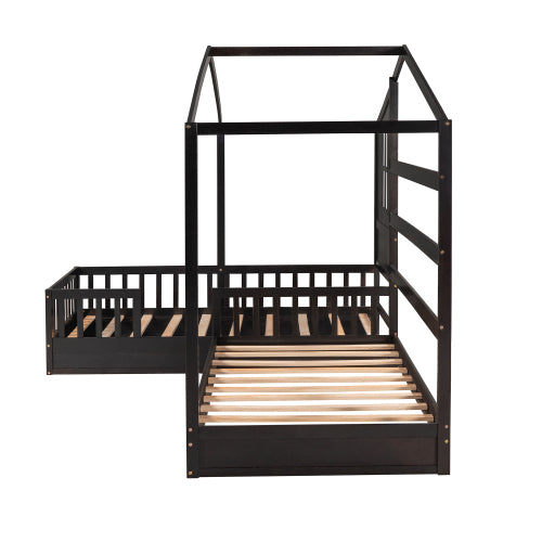 Wood House Bed Twin Size, 2 Twin Solid Bed L Structure With Fence And Slatted Frame, Espresso Twin Espresso Plywood