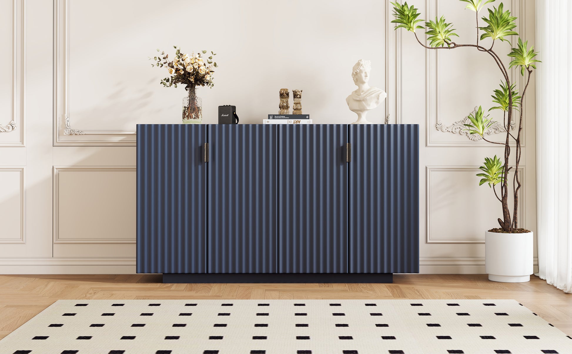 4 Wavy Doors Large Storage Space Sideboard With Adjustable Shelves And Retro Copper Handles For Dining Room And Living Room Antique Navy Antique Navy Mdf