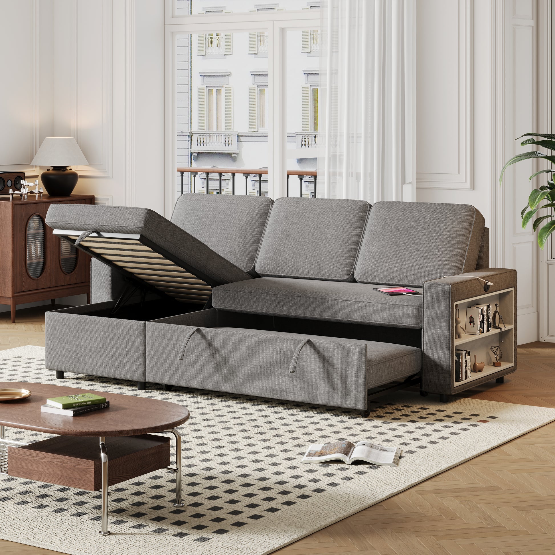 85.8" Pull Out Sleeper Sofa L Shaped Couch Convertible Sofa Bed With Storage Chaise And Storage Racks,With Usb Port And T Pyce Port Dark Grey Fabric 3 Seat
