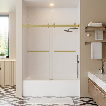 56 60 Inches Width 60 Inches Height Double Sliding Frameless Bathtub Door With 3 8 Inches 10Mm Clear Tempered Glass, Brushed Gold Finish Brushed Gold Bathroom Luxury,Modern Glass Aluminium,Stainless