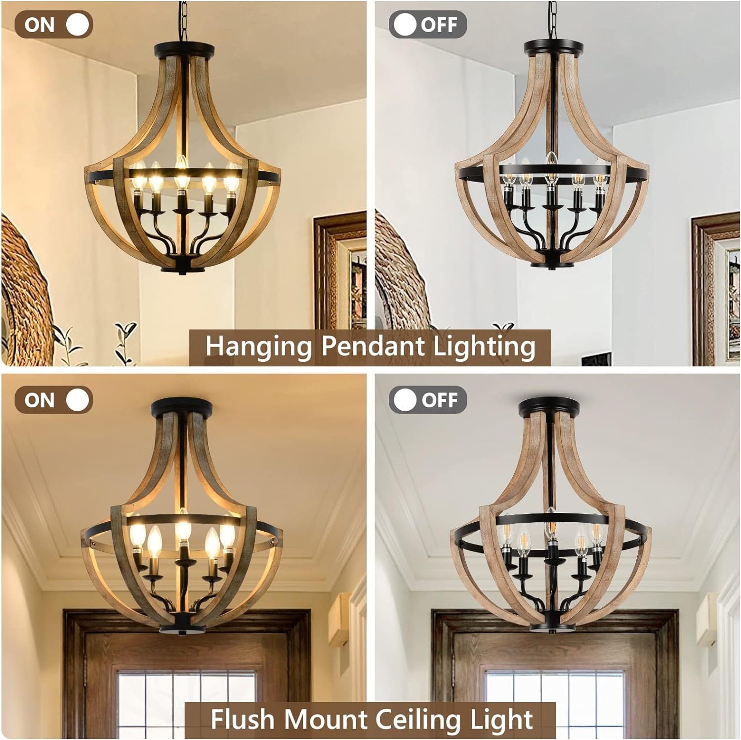 19" Farmhouse Chandelier Light Fixtures, 5 Light Dining Room Light Fixtures Over Table, Solid Wood Modern Chandeliers For Dining Room Living Room Kitchen Island Bedroom Foyer, Height Adjustable, Brown Wood Wood Metal